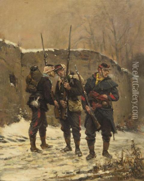 Three Soldiers In Winter Oil Painting - Alphonse Marie de Neuville