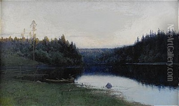Insjolandskap I Aftonstamning - Motiv Fran Fryksfors Oil Painting - Johan Kindborg