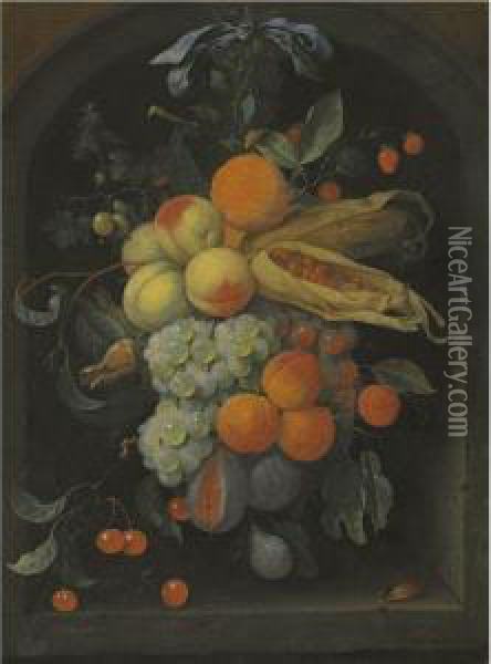 A Still Life Of Peaches, Grapes,
 Figs, Cherries, Apricots And Husksof Maize Suspended In A Stone Niche 
From A Spike With A Blue Bow,together With A Beetle And A Caterpillar Oil Painting - Joris Van Son