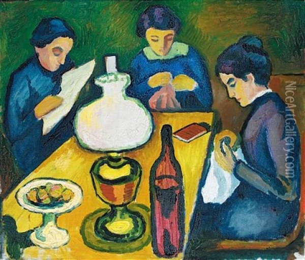 Drei Frauen Am Tisch Bei Der Lampe (three Women At The Table By The Lamp) Oil Painting - August Macke