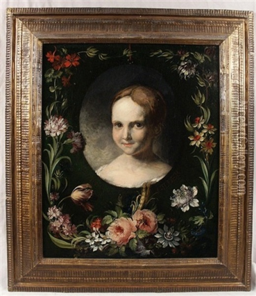 Child's Portrait With Floral Border Oil Painting - Frans Van Everbroeck