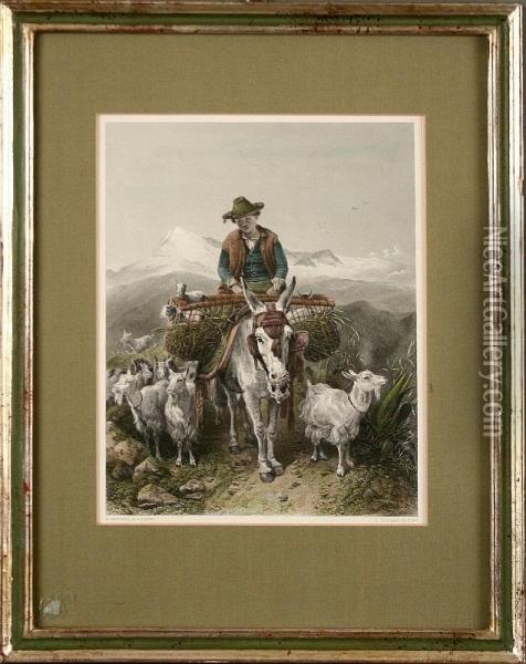 Ziegenhirte Auf Esel Mit Herde Oil Painting - Charles Cousen