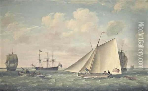 The Cutter Yacht Thetis And Merchant Shipping At Spithead With A Large Royal Navy Warship Lying At Anchor Inshore Oil Painting - Francis Holman
