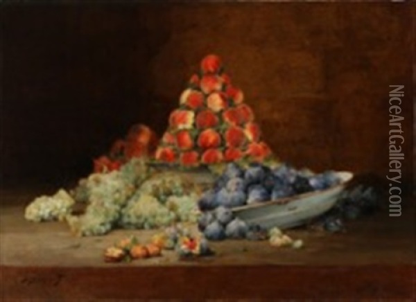 Still Life With Grapes, Figs, Walnuts And Peaches On A Table Oil Painting - Denis Pierre Bergeret