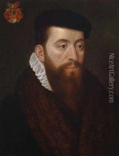 Portrait Of A Gentleman With His Coat-of-arms Upper Left Oil Painting - Willem Key