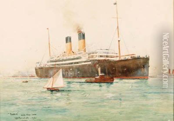 The White Star Line Doric Entering A Harbor
Watercolor On Laid Paper Oil Painting - William Minshall Birchall