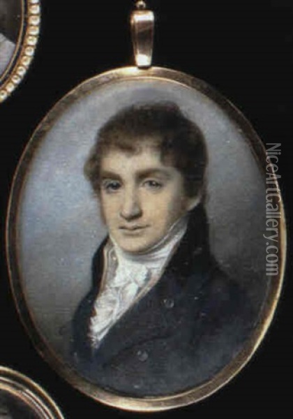 A Gentleman With Short Curling Brown Hair, Wearing A Blue   Coat, Buff Waistcoat And A White Cravat And Jabot Oil Painting - George Engleheart