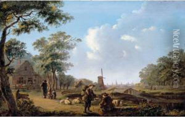 A Village Landscape With A Shepherd Conversing With A Traveller, A City Beyond Oil Painting - Andries Vermeulen