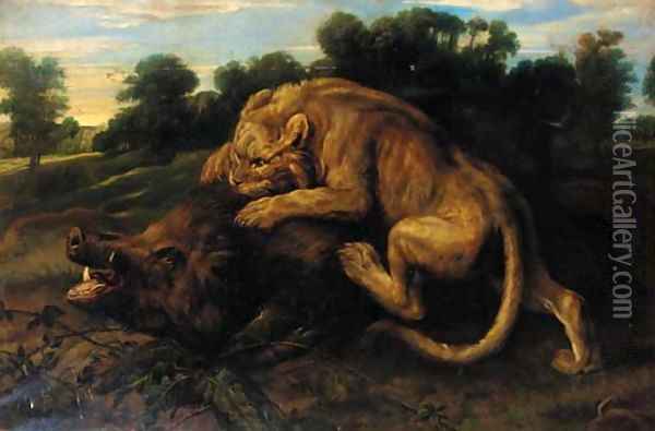 A lioness attacking a boar in a landscape Oil Painting - Frans Snyders
