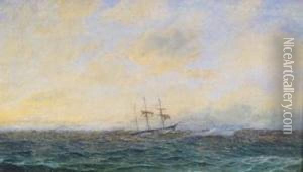 A Moonlit Seascape; A Ship At Sea Oil Painting - Frederick W. Meyer