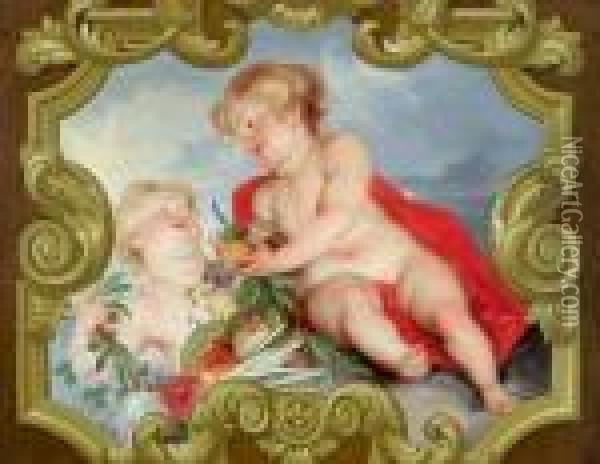 Amorini Con Frutti E Fiori In Un Cartiglio Barocco Di Pietra Dipinto In Stile Oil Painting - Jacob de Wit