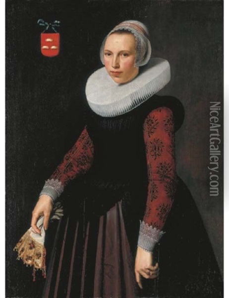Portrait Of A Lady, Alijdt Fransdr. Boon (?), In A Dress With A Black Velvet Bodice, Red Silk Sleeves And White Lace Cuffs, A White Pleated Molenkraag And A Lace Bonnet Oil Painting - Nicolaes Eliasz Pickenoy