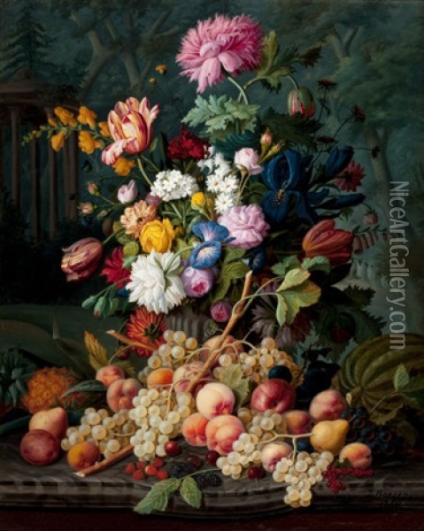 Still Life With Fruit And Flowers In A Landscape Oil Painting - Severin Roesen