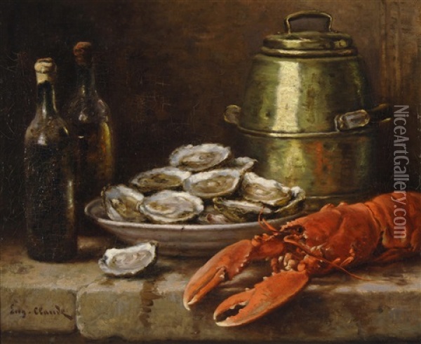 Lobster, Oysters, And Wine Oil Painting - Eugene Claude