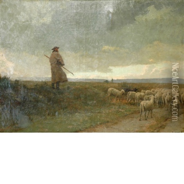 A Shepherd And His Flock Oil Painting - Louis Emile Adan