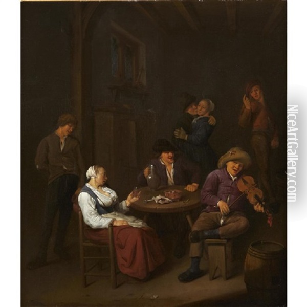 The Interior Of A Tavern With A Fiddler And Peasants Drinking And Dancing Oil Painting - Cornelis Pietersz Bega