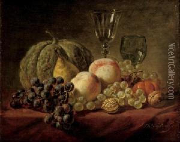 A Still Life With Fruits And Glasses On A Table Oil Painting - Sebastiaan Theodorus Voorn Boers