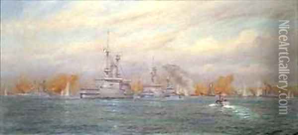 HMS Albion commanded by Capt A Walker Heneage completing the destruction of the outer forts of the Dardanelles in 1915 Oil Painting - Alma Claude Burlton Cull