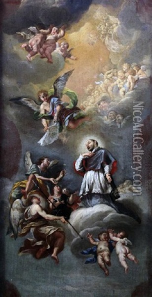 A Saint, Angels And Amorini Amongst Clouds Oil Painting - Jacopo Guarana