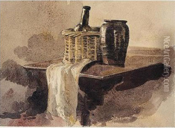 Still-life With A Basket, Wine Bottle, Vase And Cloth Oil Painting - Peter de Wint