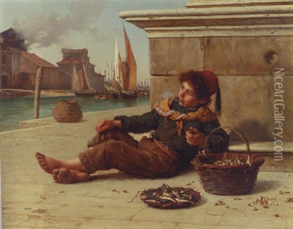 The Fish Seller Oil Painting - Antonio Ermolao Paoletti