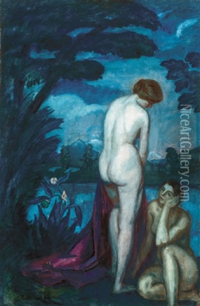 Nudes By The Shore (bathing At Night) Oil Painting - Bela Ivanyi Gruenwald