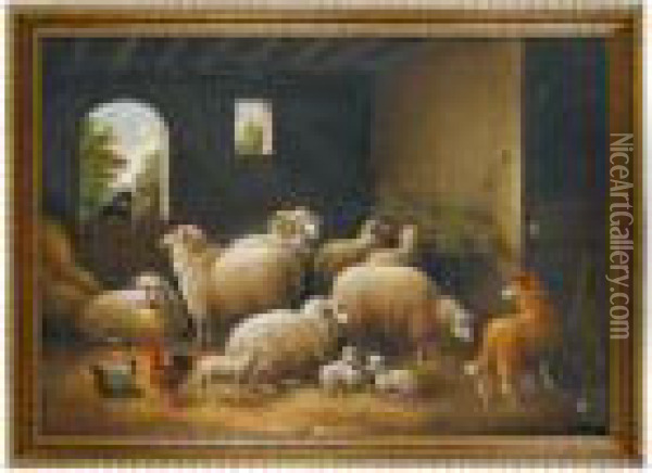 Flock Of Sheep In Stable With Collie Oil Painting - Susan C. Waters