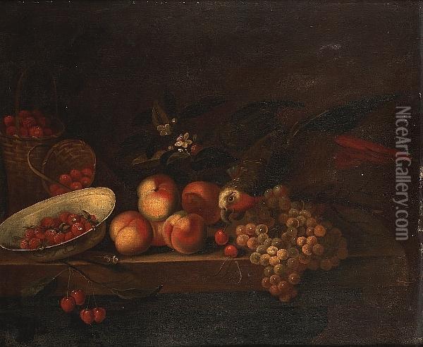 A Porcelain Dish And Baskets Of 
Strawberries With Grapes Cherries And Peaches On A Stone Ledge With A 
Parrot Oil Painting - William Sartorius