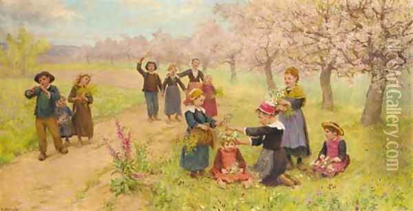 Children gathering spring flowers Oil Painting - Theophile Louis Deyrolle