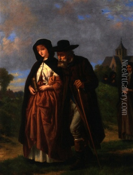 Sonntaglicher Kirchgang. Junge Frau Und Alter Mann, Im Hintergrund Die Dorkfirche Oil Painting - Karl Friedrich Lessing