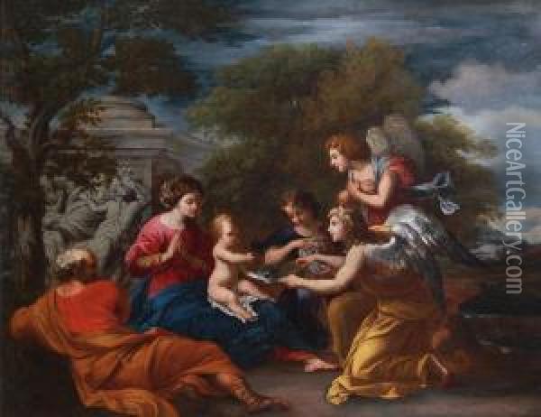 Gli Angeli Rendono Omaggio A Gesu Bambino Oil Painting - Giovanni Francesco Romanelli