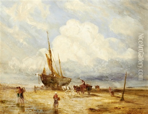 The Wreckers - Unloading A Beached Sailing Boat, Thought To Be Near Caernarvon Oil Painting - William Joseph J. C. Bond