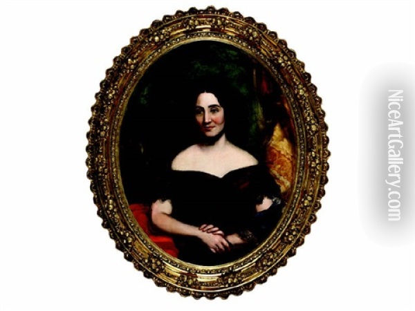 Portrait Of Florence Tracy, Shown Seated Wearing A Red Gown And Black Lace Shawl Oil Painting - Manuel Joachim De Franca