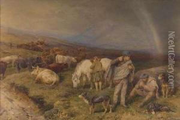 Highland Drovers On The Way To Market Oil Painting - John Isaac Richardson