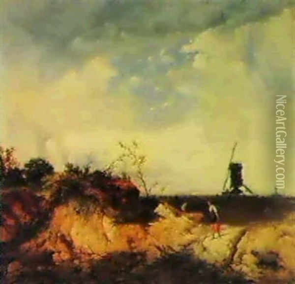 Country Folk On A Path By A Sand-dune, With Windmills       Beyond Oil Painting - James Baker Pyne