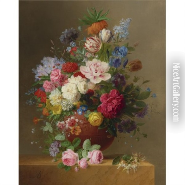 Still Life Of Roses, Lilac, Peonies, Tulips, An Iris, Auriculas, Fritillaria Imperialis, Morning Glory And Other Flowers In A Terracotta Vase On A Stone Ledge, With A Sprig Of Honeysuckle Oil Painting - Arnoldus Bloemers
