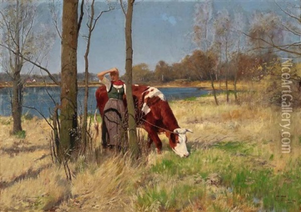 Madchen Mit Kuh In Weiter Seenlandschaft Oil Painting - Oskar Frenzel