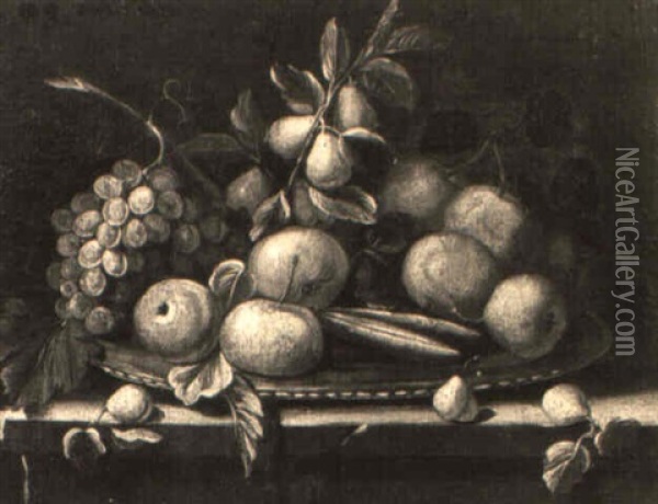 Natura Morta Di Melagrane, Uve E Mele In Un Piatto D'argento Oil Painting - Michelangelo di Campidoglio