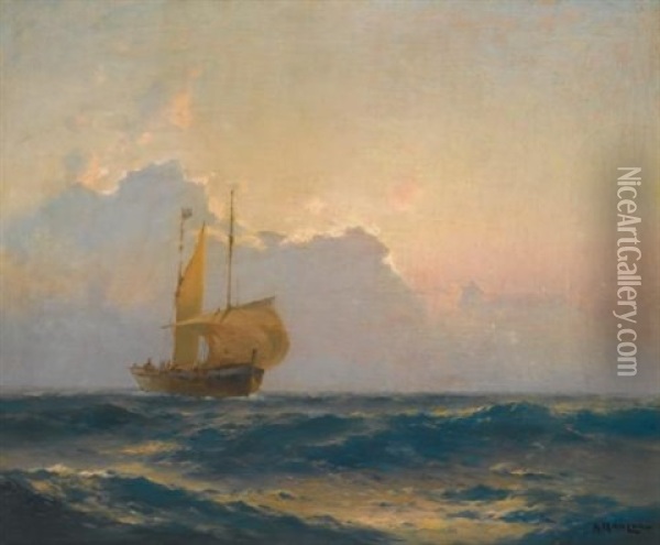 Ship At Dusk Oil Painting - Alexei Vasilievitch Hanzen