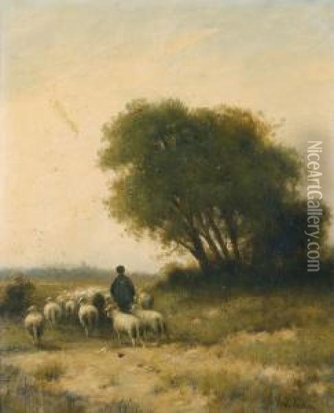Heidelandschaft Mit Schafherde Und Hirt Oil Painting - Cornelis I Westerbeek