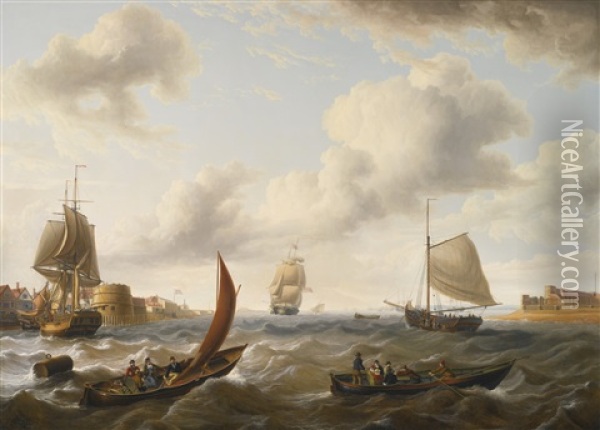 British Men Of War And Other Ships At The Mouth Of Portsmouth Harbor In Choppy Seas Oil Painting - Charles Martin Powell