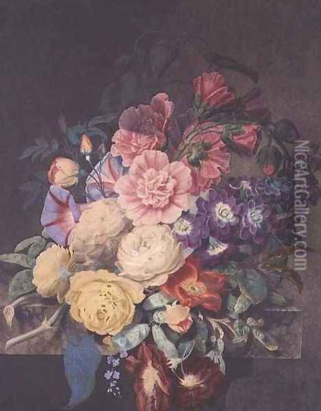 Hollyhocks and roses Oil Painting - James Hewlett