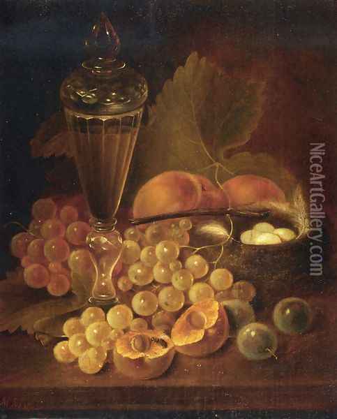 Still Life with Grapes, Peaches, Decanter and Nest of Eggs Oil Painting - George Forster