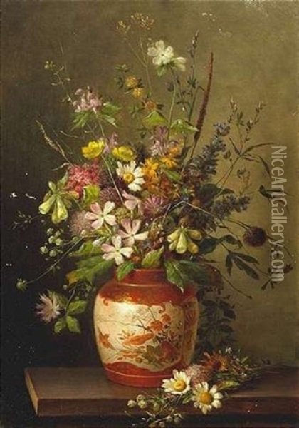 Stilleben Mit Bunten Wiesenblumen In Einer Asiatischen Vase Oil Painting - Enrico Hohenberger