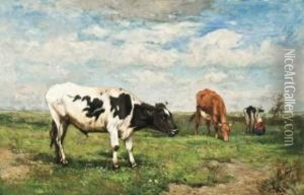 Polderlandschap Met Melkster En Vee Oil Painting - Alfred Jacques Verwee