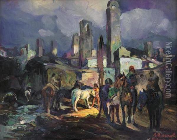 Sosta Di Cavalieri Oil Painting - Giuseppe Rivaroli