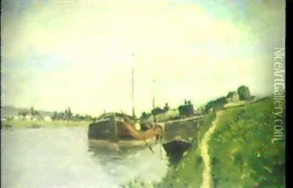 Ein Paar Flusslandschaften (pendants) A)weite Landschaft Mitkleinem Fluss Bei Gewitterstimmung B)la Varenne Oil Painting - Camille Pissarro