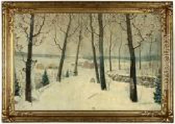 A Road Through Trees In Early Spring Snow Oil Painting - Svend Rasmussen Svendsen