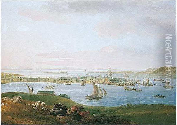 A View Of Mallaig Harbour, Inverness-shire, With The Island Of Skye Beyond Oil Painting - James Barret