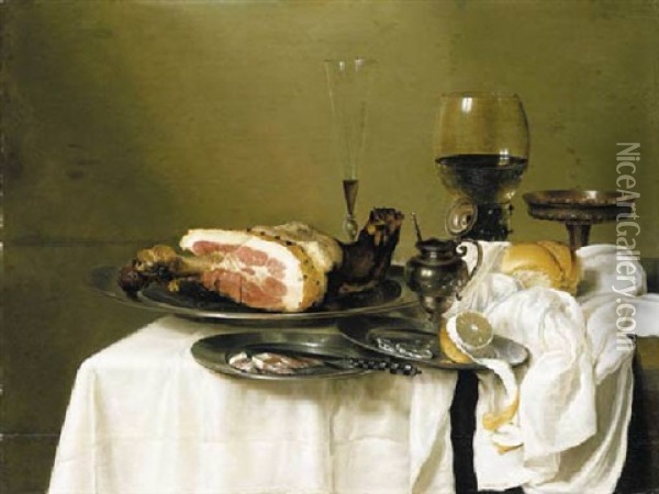 A Hock Of Ham, A Knife With Slices Of Ham And A Peeled Lemon On Pewter Dishes, With A Wineglass, A Roemer, And A Tazza, On A Draped Table Oil Painting - Willem Claesz Heda